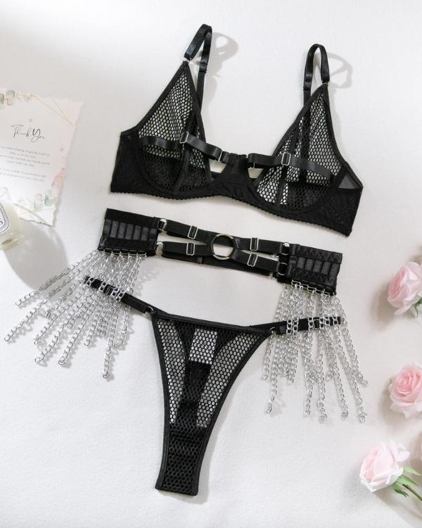 Bondage-inspiriertes Dessous-Set mit Ketten und transparenten Einsätzen