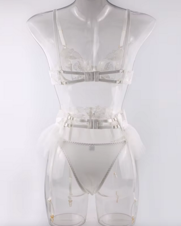 weisses Damen Dessous Set mit BH, Tüllrock, Tanga und Strapsenhalterung