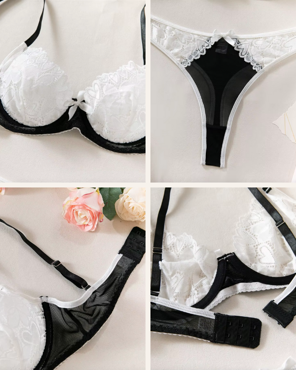 elegantes Damen Dessous Set in schwarz-weiss mit weissen Herz Floral Spitzen Stoff Details 