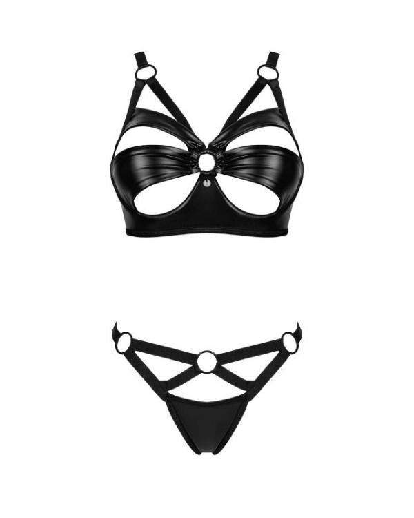Sexy BH und String Set in Schwarz mit verstellbaren Trägern und Bügel-Cups - Leder Look Riemen Dessous