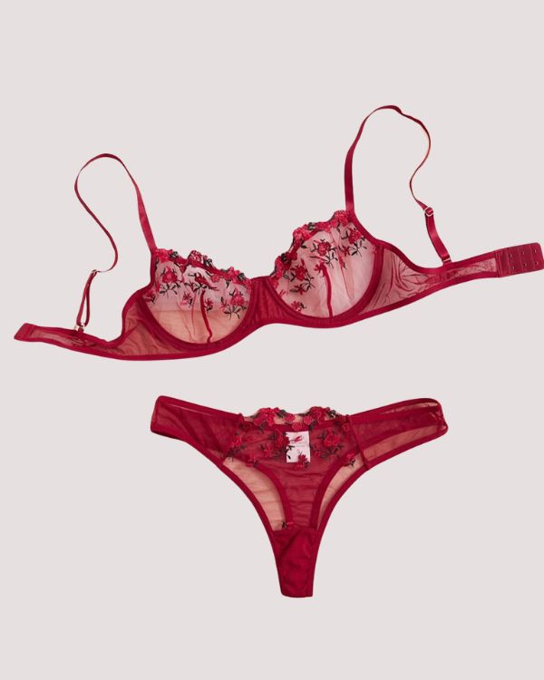 rotes Mesh transparentes Dessous Set aus BH und Tanga mit Blumen Stickerei 