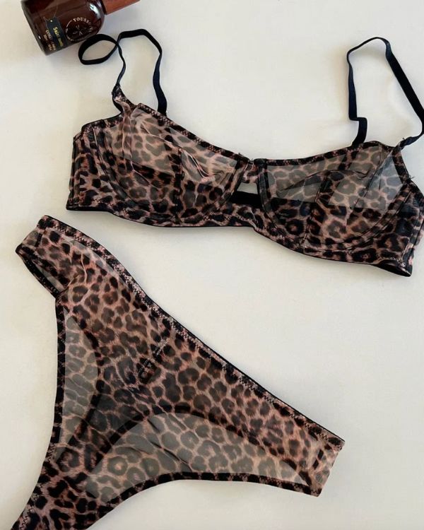Damen Leopard Mesh Dessous Set - BH und Unterhose in transparentem braunem Leopard Muster 