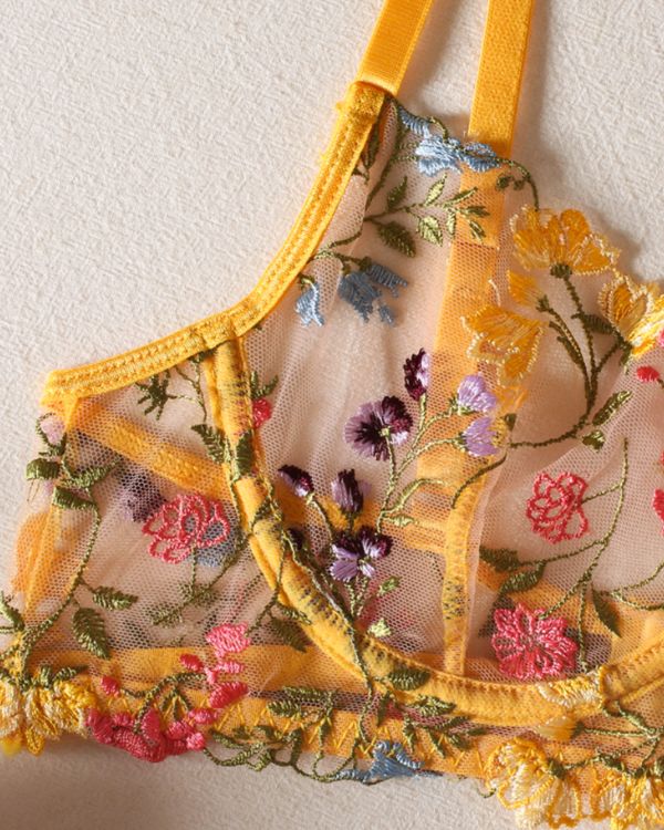 Blumiges Dessous-Set aus zartem Mesh-Stoff - Floral Blumen BH gelb