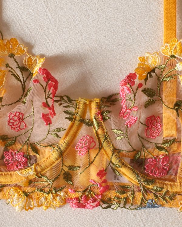 Hochwertiges Dessous-Set für anspruchsvolle Frauen - Gelber Mesh BH mit farbigen Blumen Stickerei 