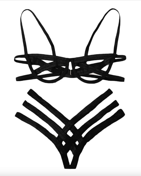 Bondage sexy Dessous aus High-Waist String Tanga mit Riemen Streifen auf den Seiten und passendem BH 