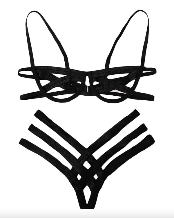 schwarzes erotisches Bondage Dessous Lingerie Set aus schwarzen Streifen Riemen 