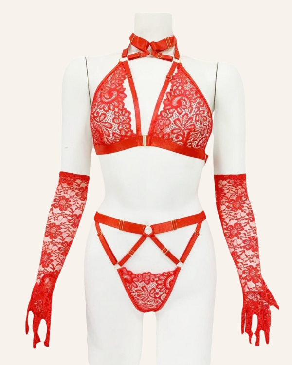 heisses Damen Dessous Set in rot mit Spitzen und Handschuhen 
