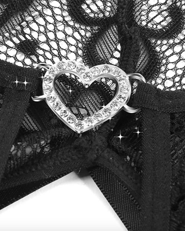 Schwarzer Spitzen Bodysuit Dessous Lingerie mit Glitzer Herz Symbol 