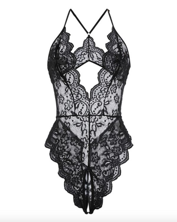 schwarzer Spitzen Dessous Bodysuit mit Öffnung auf der Unterseite 