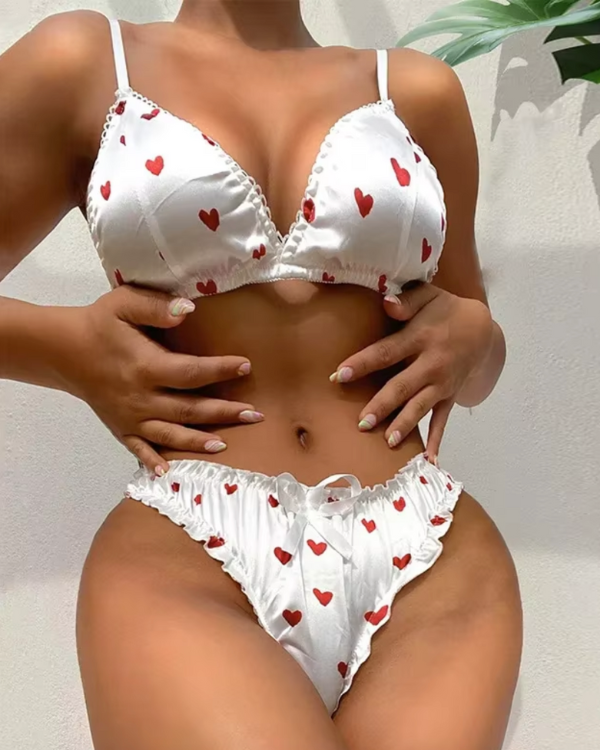 Weisses suesses Damen Dessous Set mit roten Herzen - BH und Unterhose verspielt 