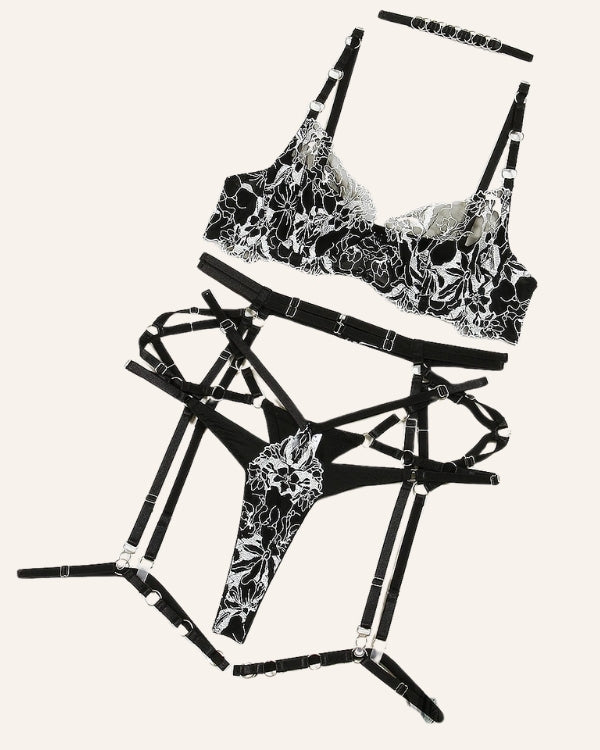 Heisses Sexy Blumen Dessous Damen Set aus BH, String und Strapsen Halterung 