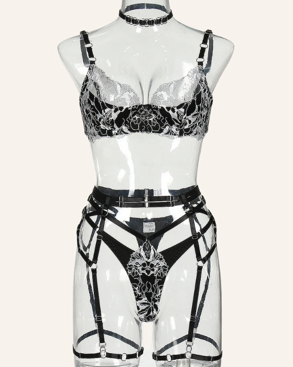 Elegantes Damen Dessous Set aus BH, String und Strapsen Halterung - Sexy Damen Dessous kaufen 