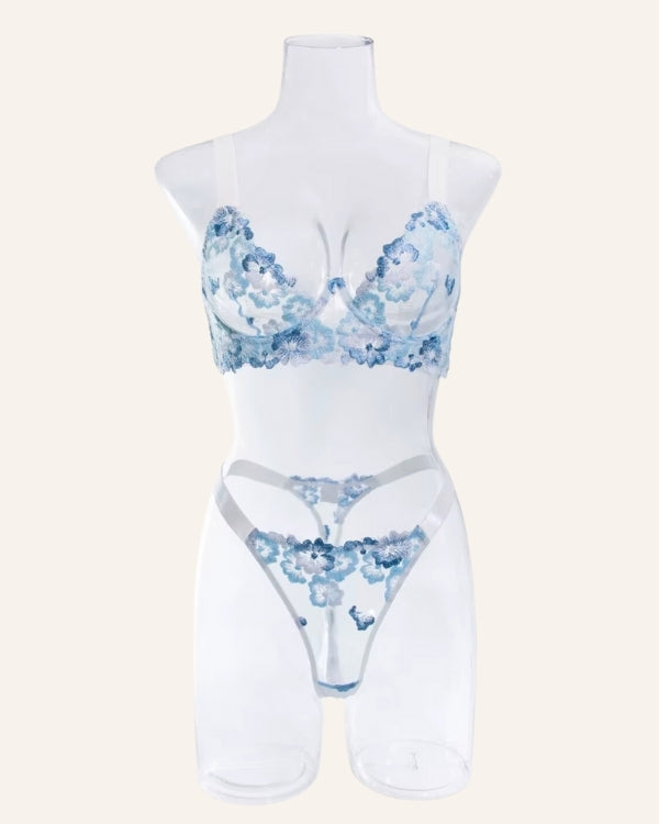 hellblau weisses Dessous Set mit Blumen Motiven - BH und String Tanga Reizwäsche Set 