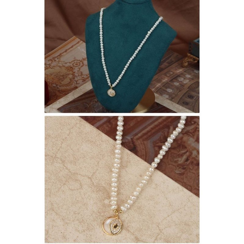 Echt Perlen Schmuck Halskette mit Mond Stern Anhänger in 18K Gold eingefärbt 