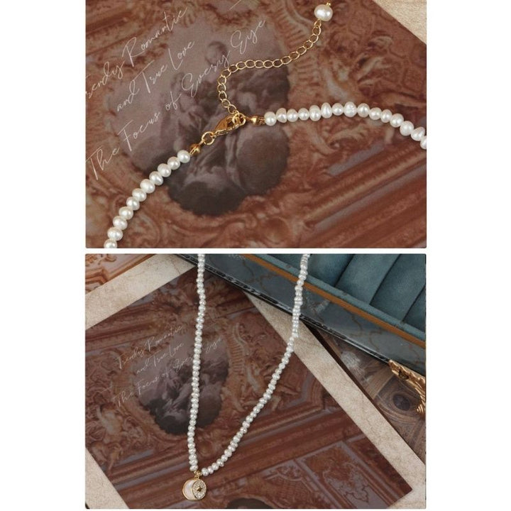 Echt Perlen Halskette aus weissen Wasserperlen und runden Anhänger - Perlenketten Schmuck 