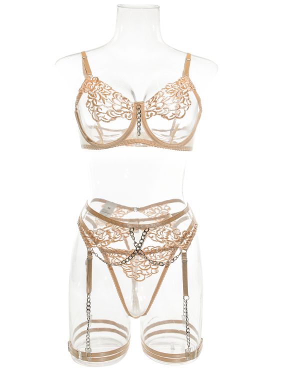 elegantes Damen Dessous in beige gold aus Mesh BH, Strapsen Halterung und String Tange verziert mit Gliederketten 