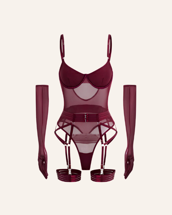 Bordeaux Lingerie-Body mit Strapsen und Handschuhen | Eleganter Bondage Bodysuit 