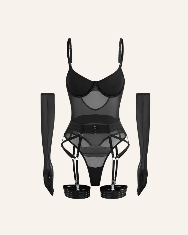 Harness-Body „Affair“ mit Bondage-Riemen & Handschuhen