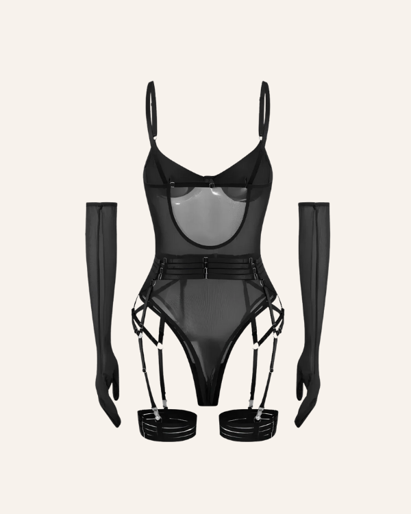 schwarzer eleganter Damen Harness Bodysuit mit Handschuhen 