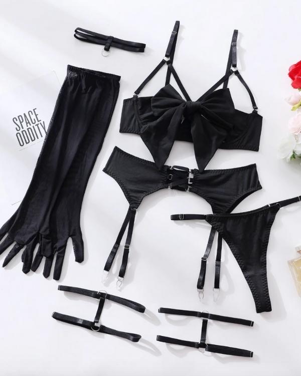 schwazrs Dessous Set aus 4 Teilen - Strapsen Bein Gürtel Harness, String, BH, und Handschuhe 
