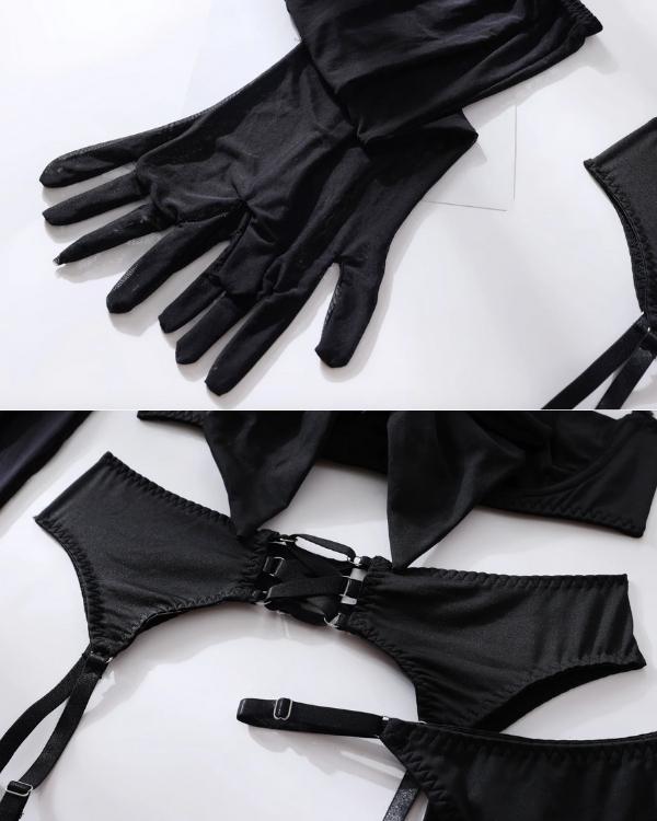 schwarze lange Handschuhe und Strapsen Halterung Detail Foto zum Dessous