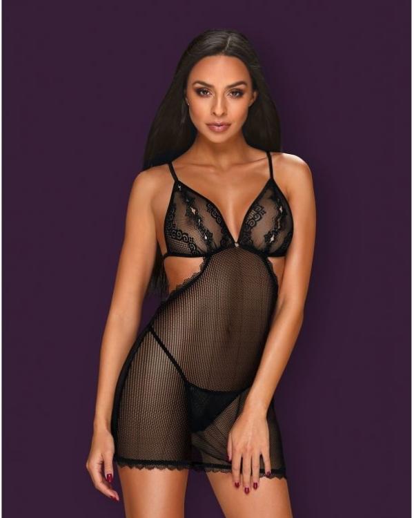 Elegantes, rückenfreies Nachtkleid mit Spitzenverzierung und Mesh-Einsätzen.
