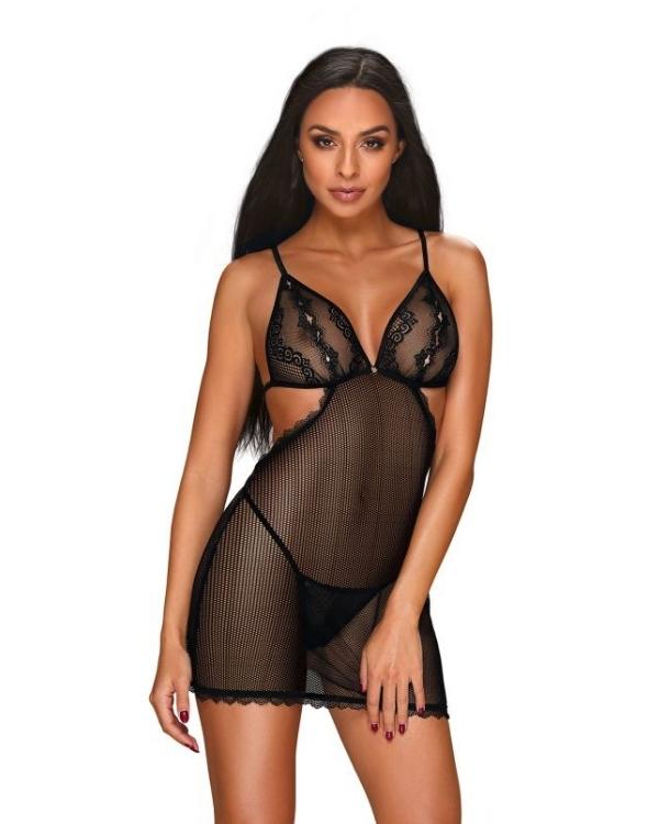 Rückenfreies Negligee in Schwarz mit zarter Spitze und transparenten Mesh-Details