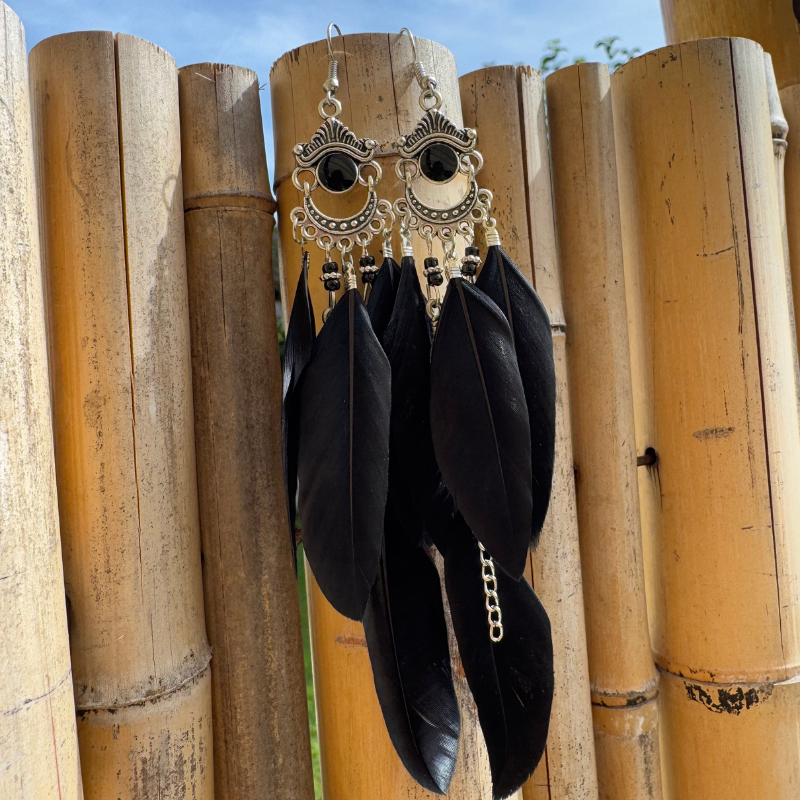 Schwarze Feder Ohrringe Boho Damen Schmuck