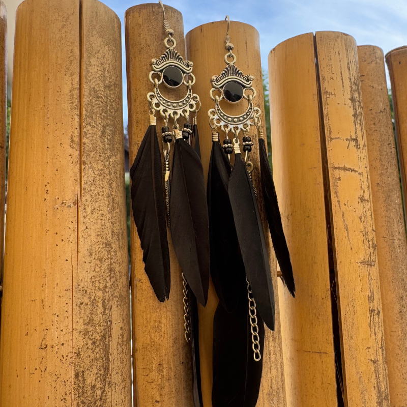 Hippie Feder Ohrringe Damen lang schwarz