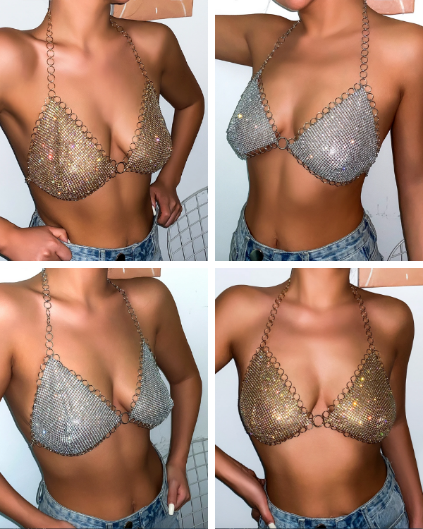 Sexy Party-Look mit Glitzer Chain Top | Festival Strasssteine Bra Look 