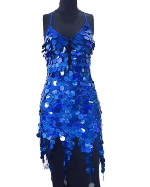 Blaues Glitzer Pailletten Kleid in blau - Festival Outfit im Elfen Kleid