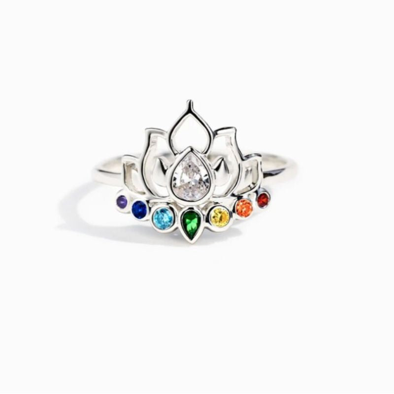 Sterling Silber 925 Fingerring Ring mit Lotus Blumen Symbol und Chakra Farben Kristallsteinen 