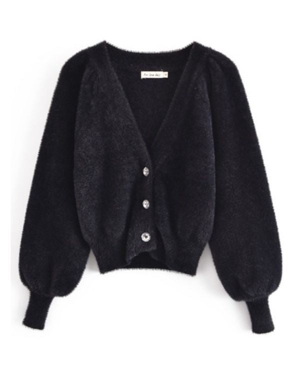 Flauschige schwarze Damen Cardigan Strickjacke mit Strasssteinen Glitzer Knöpfen auf der Vorderseite 