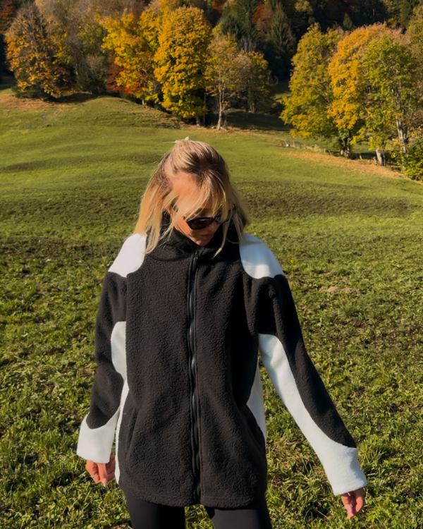 Teddy Fleece Jacke für Damen und Herren - Herbst Übergangsjacke in schwarz-weiss