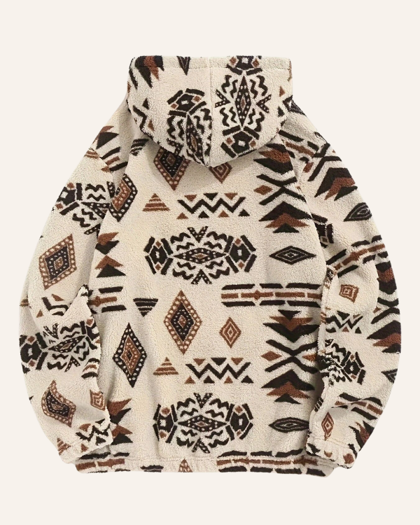 Fleece Pullover mit Kapuze in creme-weiss mit Ethno Muster - Unisex Kuscheliger Pullover 
