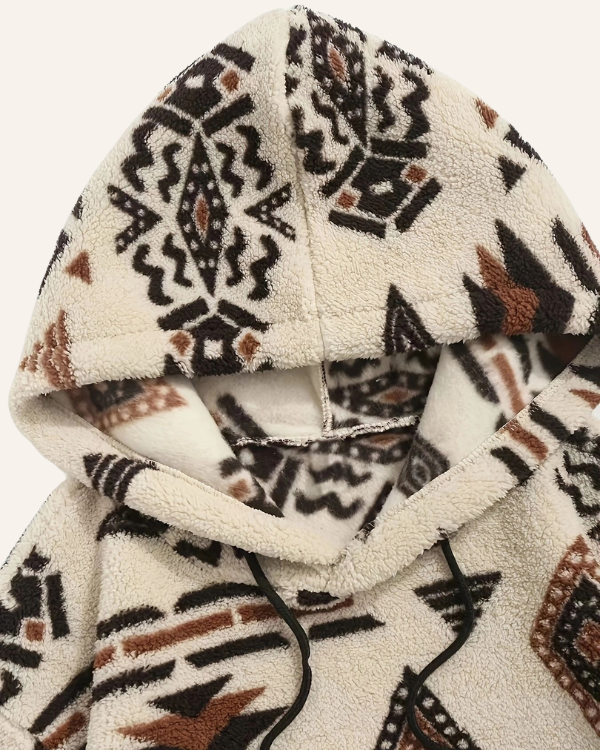 Fleece Kuschel Hoodie Pullover mit Kapuze und Ethno Muster 