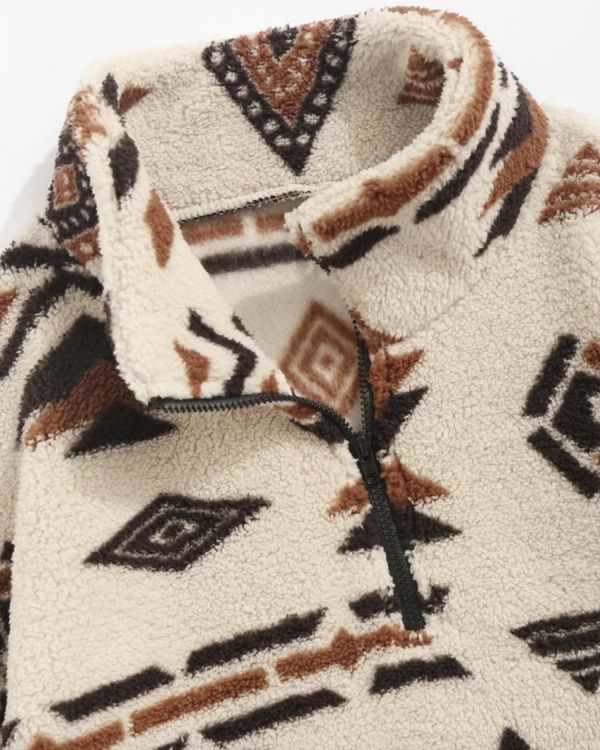 Boho-Stil Fleece-Pullover, unisex, mit warmen Brauntönen - Fleece Pullover mit Reissverschluss Kragen