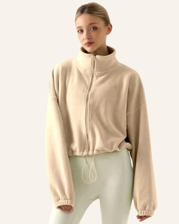 beige hochwertige Fleece Jacke mit Stehkragen 
