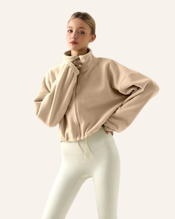 Damen Fleece Jacke mit Stehkragen und Kordelzug - Warme weiche Jacke