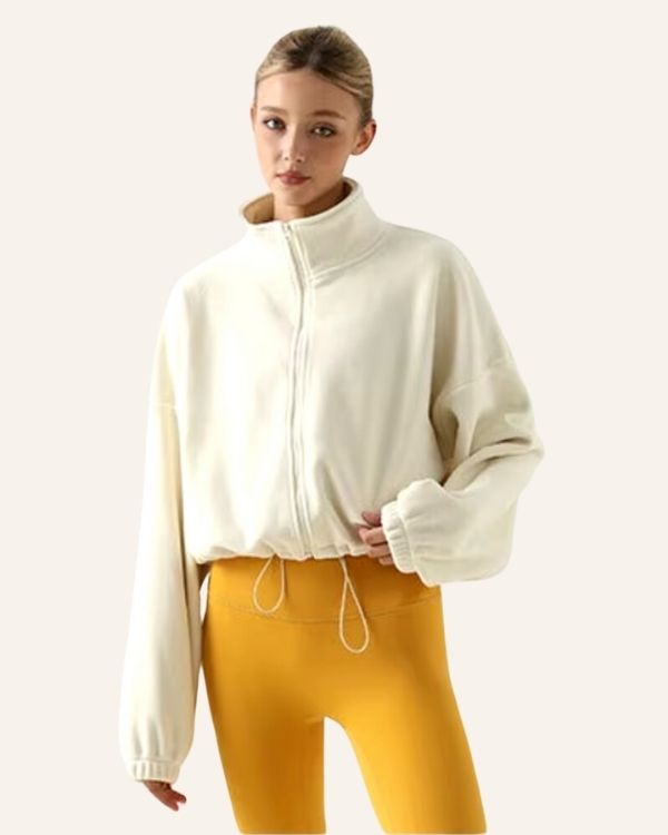 Creme-weisse hochwertige weiche und warme Fleece Jacke mit Stehkragen 