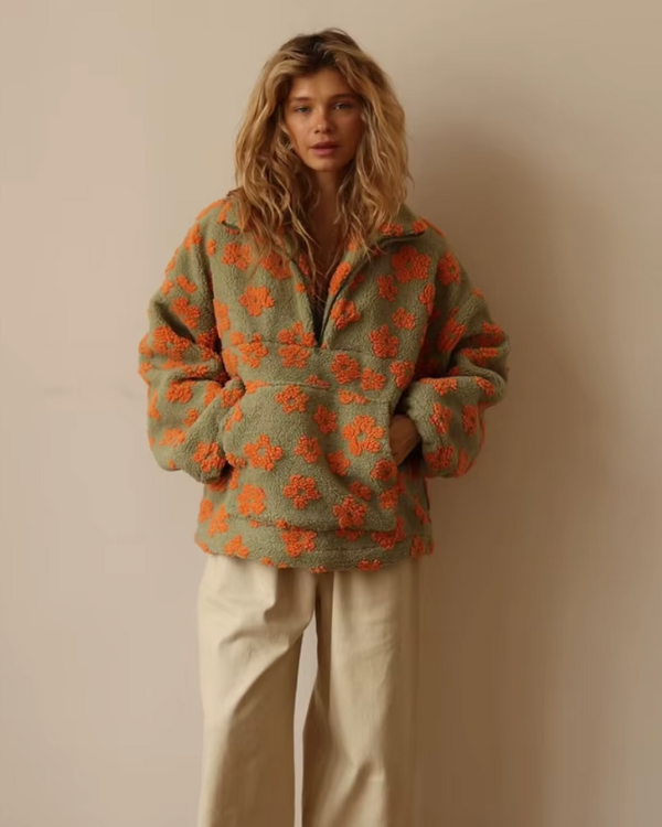 Damen Pullover Teddyfleece Retro | Oversize Fleece Pullover mit Blumen Motiven