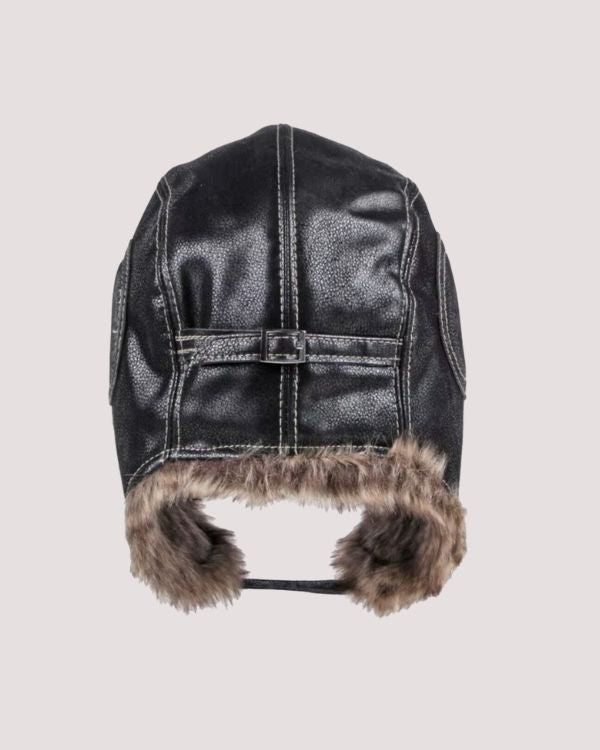 warme Wintermütze mit Ohrenklappen - schwarze Fliegermütze mit braunem Kunstfell 