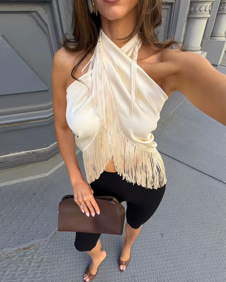 Cremeweisses Fransen-Top Sunset Sway im eleganten Satinlook