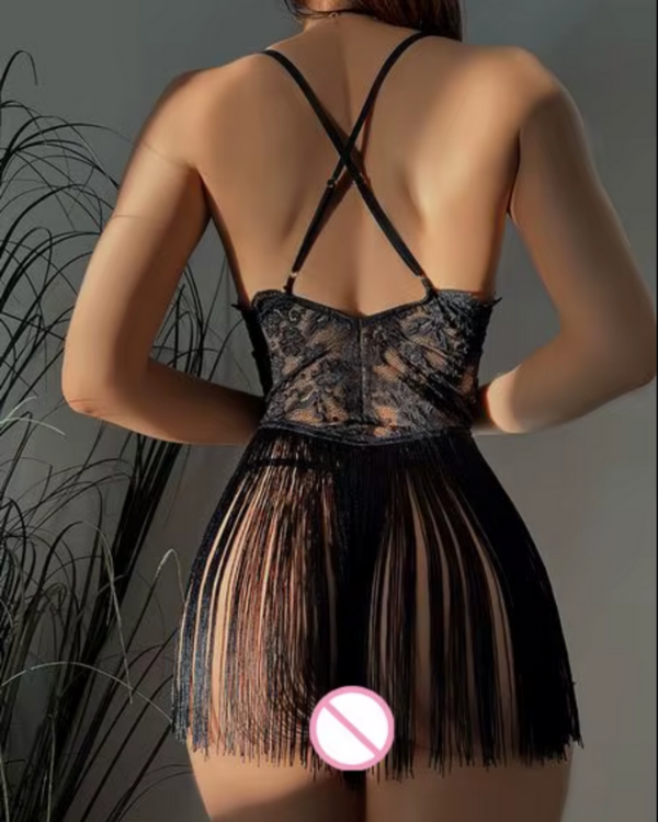 Schwarzes elegantes Fransen Dessous Lingerie Set inklusive String Tanga 