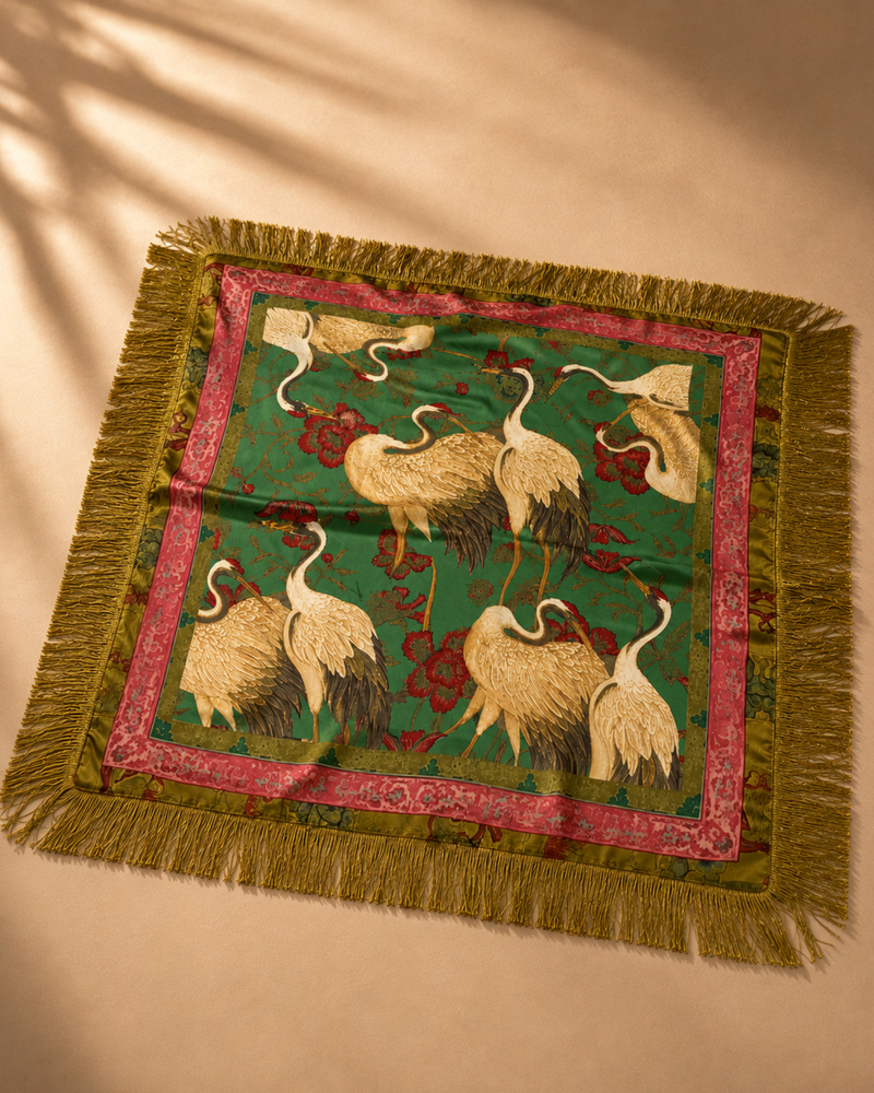 Damen Boho Schal mit Kranich Motiv und goldenen Fransen