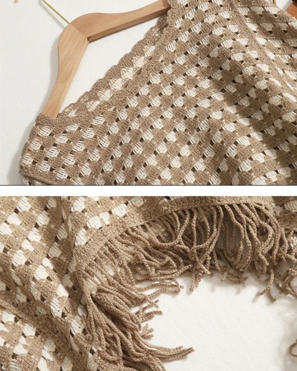 Boho Fransen Pullover in beige-weiss gewebtem Muster 