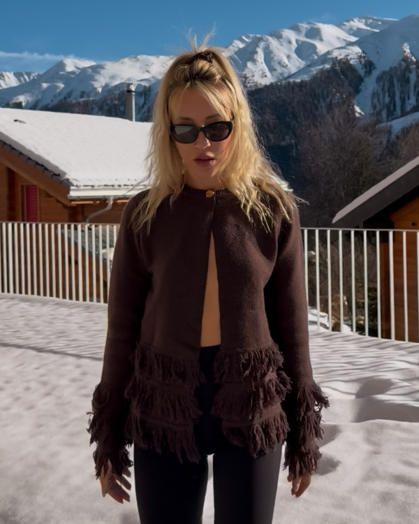 Dunkelbraune Fransen Strickjacke Chocolita
