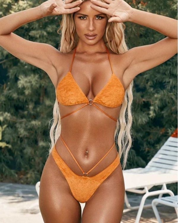 oranges Frottee Bikini Set aus Triangel Oberteil und Bikini Hose mit Schnuerrung 