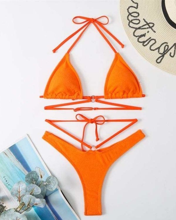 Details Ansicht oranges Damen Bikini Triangel und Badehose mit Schnuerrung 