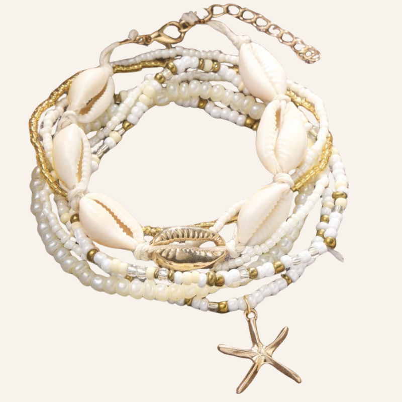 Fusskettchen Set mit Muscheln und goldfarbenem Seestern